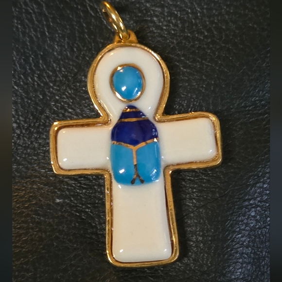 Blue & gold vintage Egyptian porcelain Ankh & Scarab pendant - Picture 2 of 6